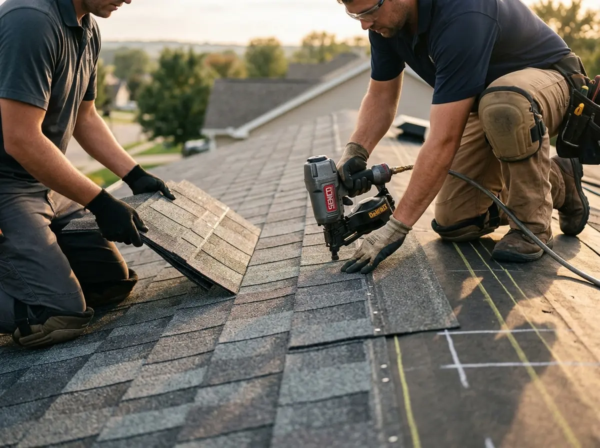 Professional roofer working on a residential roof in Bozeman
